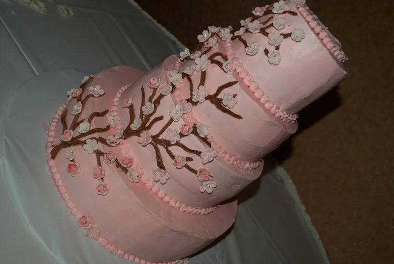 A pink three-tier wedding cake is decorated with brown branches, small pale blossoms and piped borders.