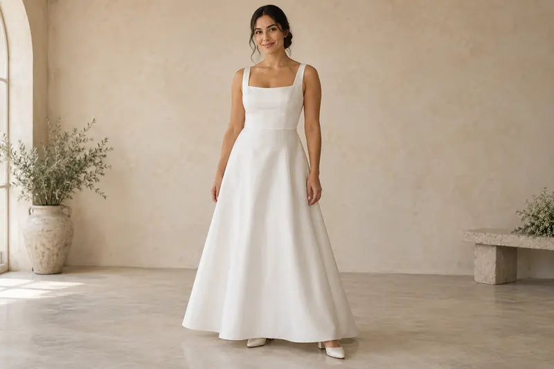 Original attire concept with a square neckline, fitted waist and gently widening ivory A-line skirt.