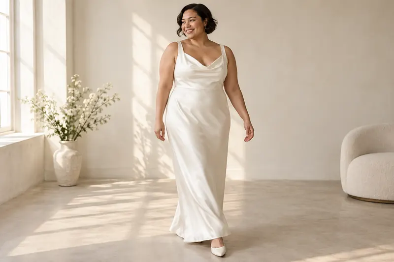Original attire concept showing an ivory satin column gown with a soft cowl neckline and wide straps.