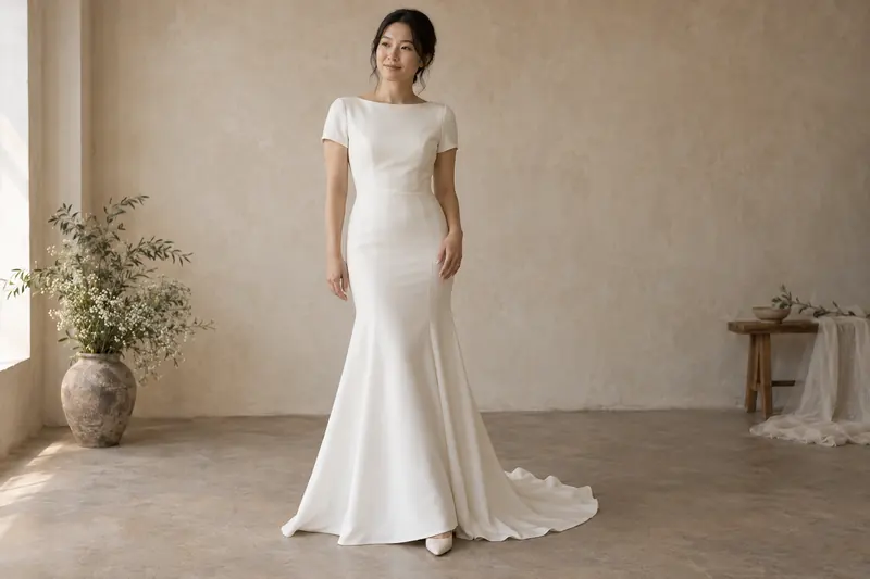 Original attire concept showing a bateau-neck ivory gown fitted through the hips and flaring above the knees.