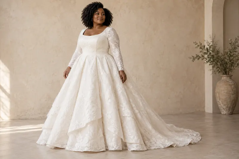 Original attire concept showing an ivory long-sleeved full-skirt gown with tonal floral texture and a short train.