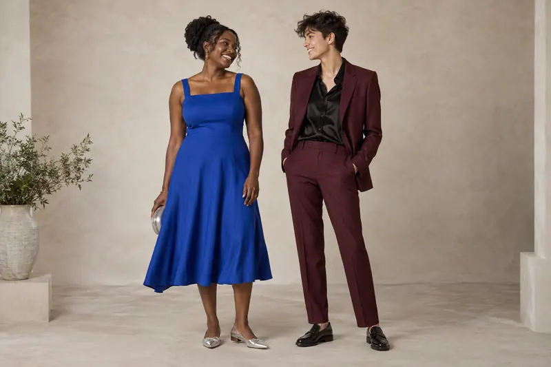 Original cocktail guest concept showing a blue midi dress beside burgundy tailored separates.