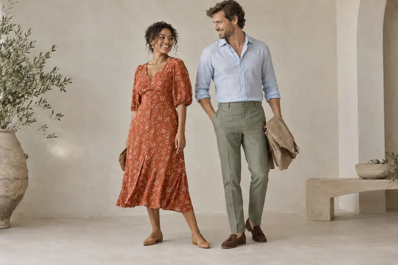 Original relaxed guest concept with a terracotta printed midi dress and sage trousers with a light shirt.