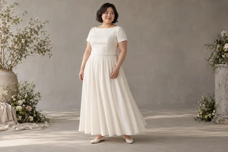 A model wears an ivory boat-neck top and a softly pleated ankle-length skirt with visible separate waist and flat shoes.
