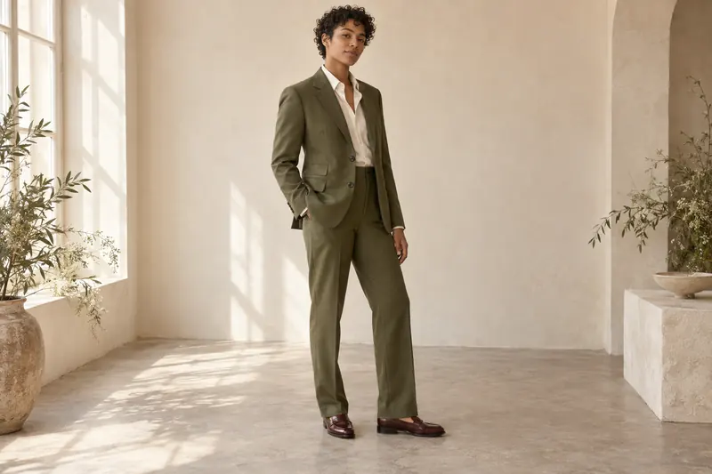 Original attire concept with an olive tailored suit, ivory open-collar shirt and burgundy loafers.