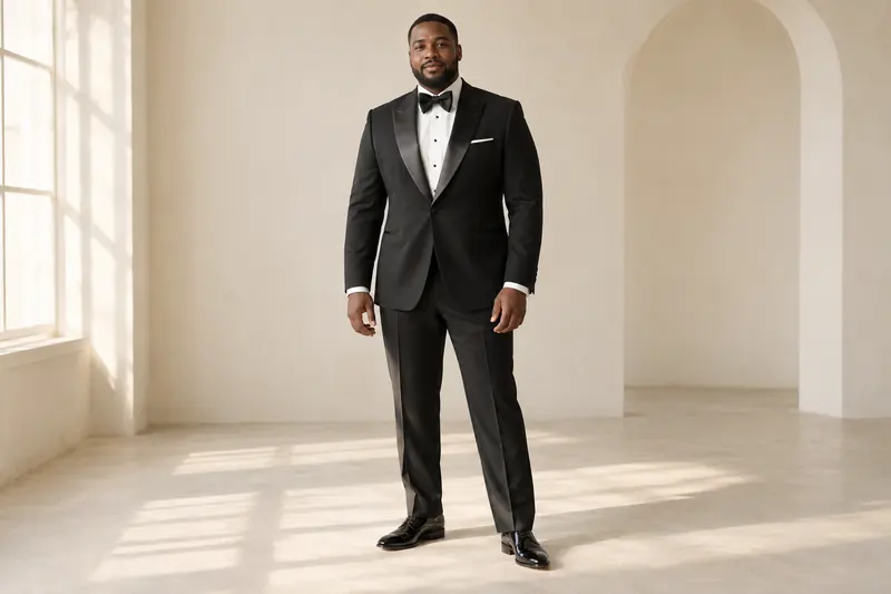Original attire concept showing a black tuxedo with satin peak lapels, ivory shirt and black bow tie.
