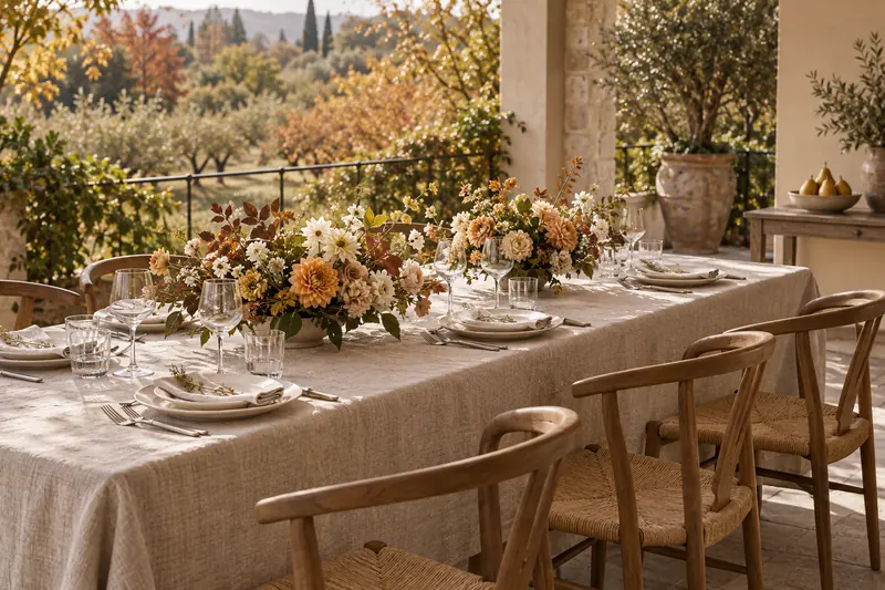Apricot-and-cream flowers sit low on oatmeal linen overlooking autumn foliage, with decorative pears on a separate console.