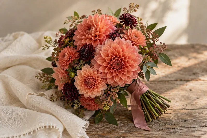 Coral dahlia-like flowers and smaller burgundy accents make a rounded, textured bouquet with a short soft ribbon.