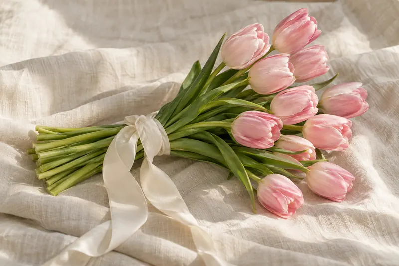 A small hand-tied bunch of soft-pink tulips has a loose curved outline, visible green stems and a simple ivory ribbon.