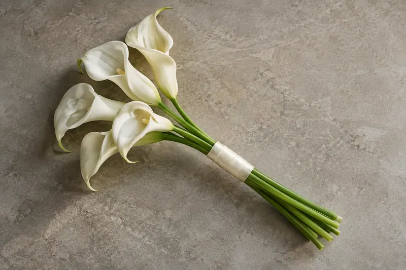 A small group of white calla-shaped blooms forms a clean sculptural curve above long green stems and an understated wrap.