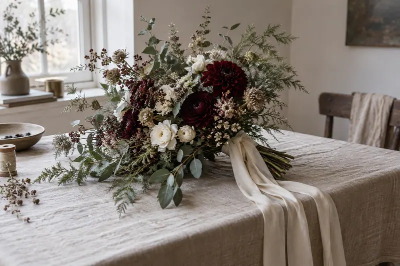 An irregular bouquet combines evergreen-looking foliage, dark-red flowers and pale seedhead textures with a long ivory ribbon.