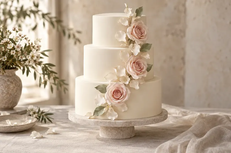 Ivory wedding cake with a sparse cascade of visibly sculpted blush and ivory sugar flowers.