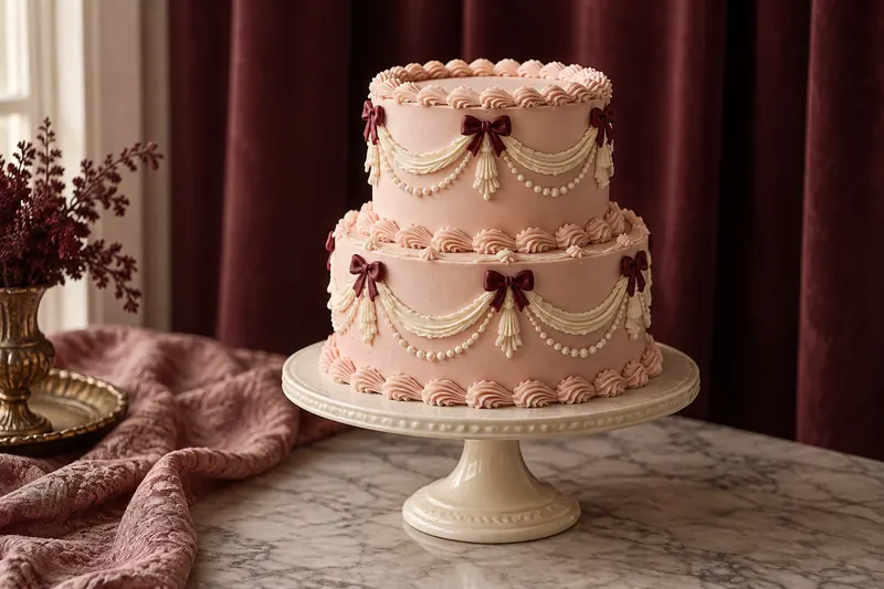 Two-tier pale pink wedding cake with elaborate scalloped piped icing and small burgundy bows.