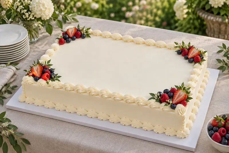A rectangular single-layer ivory cake with a piped border and arranged berries, viewed across a linen-covered dessert table.