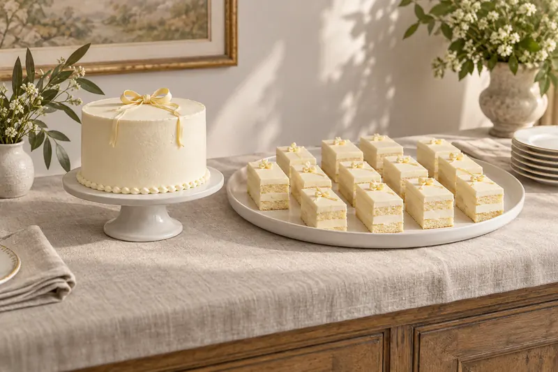A small round ivory cutting cake beside orderly rectangular cake portions on a serving tray.