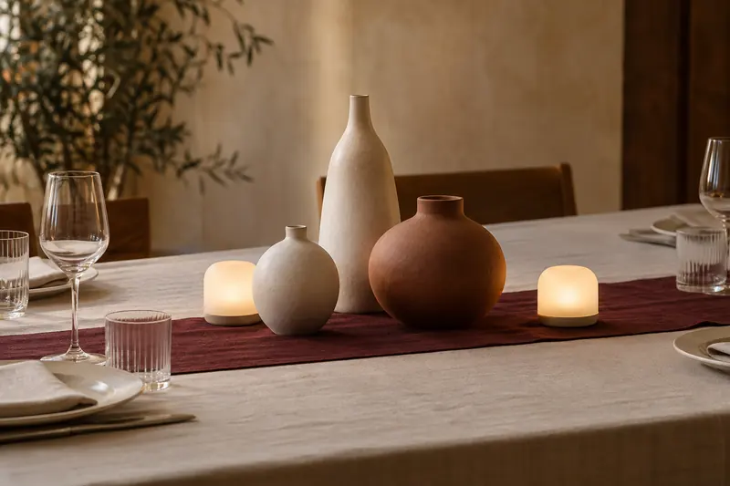 Original nonfloral centerpiece concept with sculptural ceramic vessels and small warm lights on a linen runner.