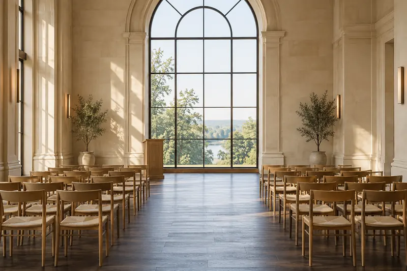 Original indoor ceremony concept with a tall arched window as the backdrop and plain chairs facing it.