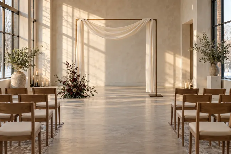 Original indoor ceremony concept with soft ivory fabric on a freestanding frame and a small burgundy floral accent.