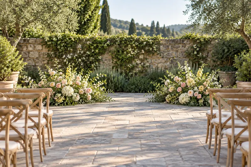 Original garden ceremony concept with low curved flower beds framing a clear standing area.