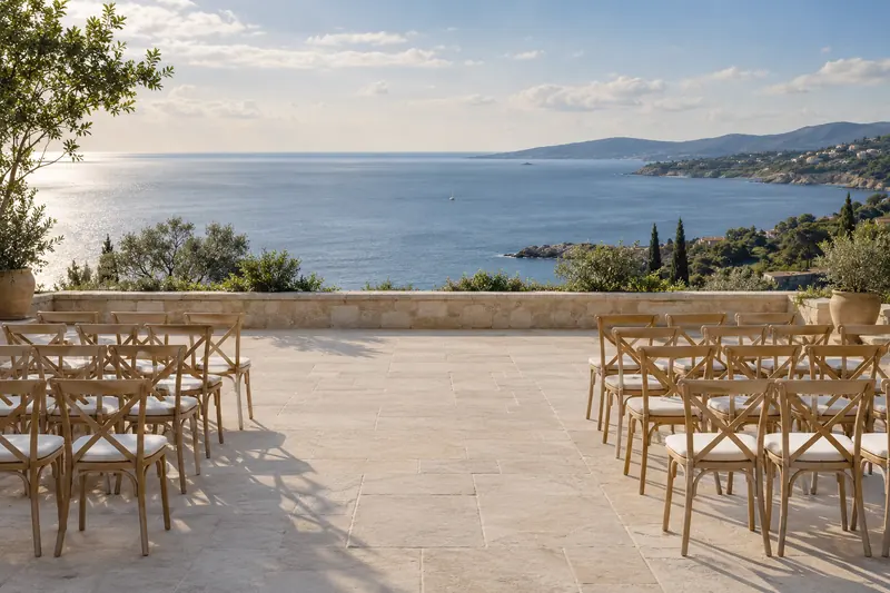 Original coastal ceremony concept with simple chairs facing an open sea view from a level terrace.