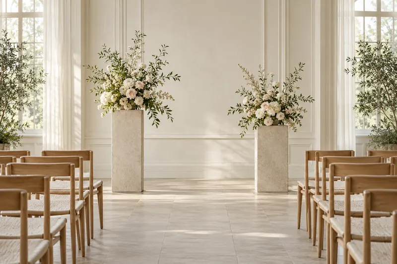 Two stone-colored plinths holding asymmetric flower arrangements frame an open indoor ceremony space.