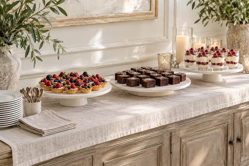Separate platters of miniature fruit tartlets, chocolate squares and cream-filled dessert glasses on a simple wedding dessert table.
