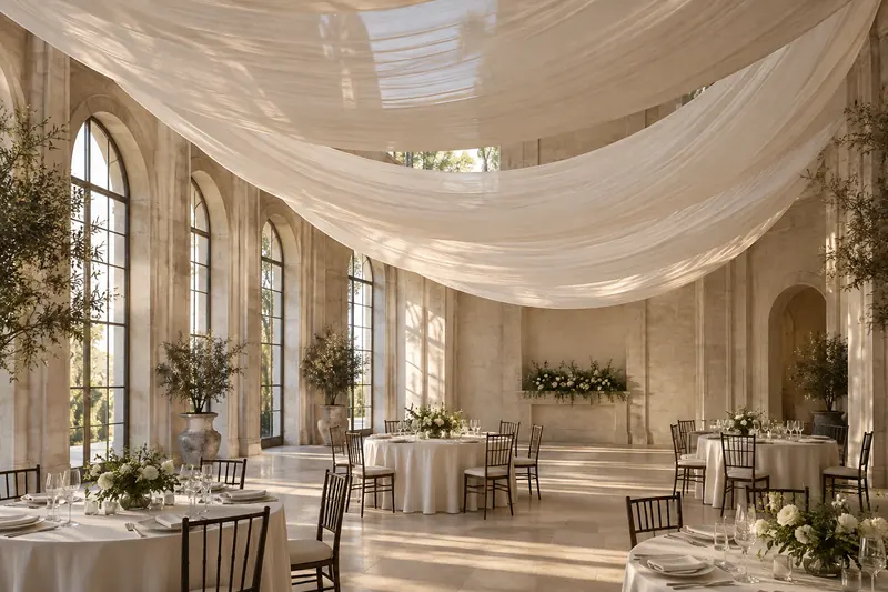 Broad translucent ivory fabric sweeps hang above round wedding dining tables in a tall stone room with arched windows.