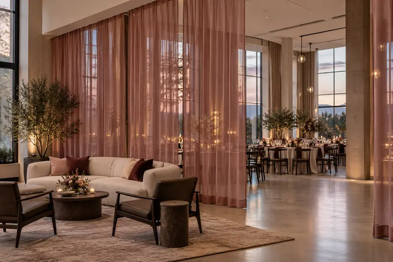 Sheer rose panels separate an ivory-seated lounge from dining tables, with a wide open passage beside the fabric.