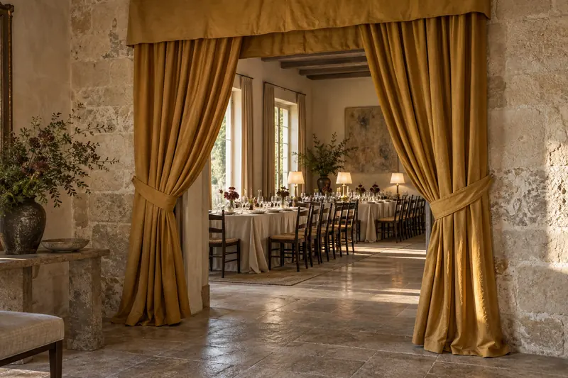 Ochre curtains tied back around a wide doorway reveal a long dinner table with cream shades and burgundy flowers.