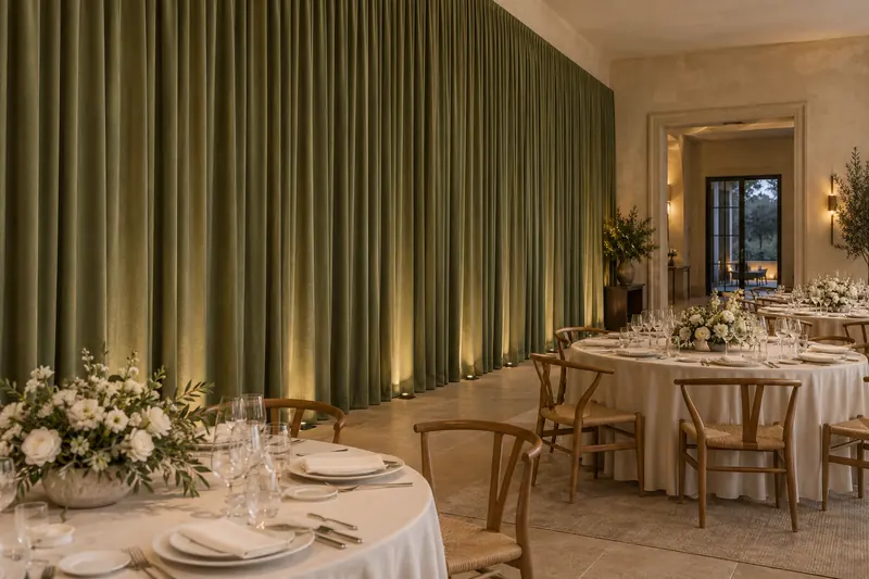 Continuous olive-green vertical fabric pleats line one side of a reception room beside round ivory-clothed tables.