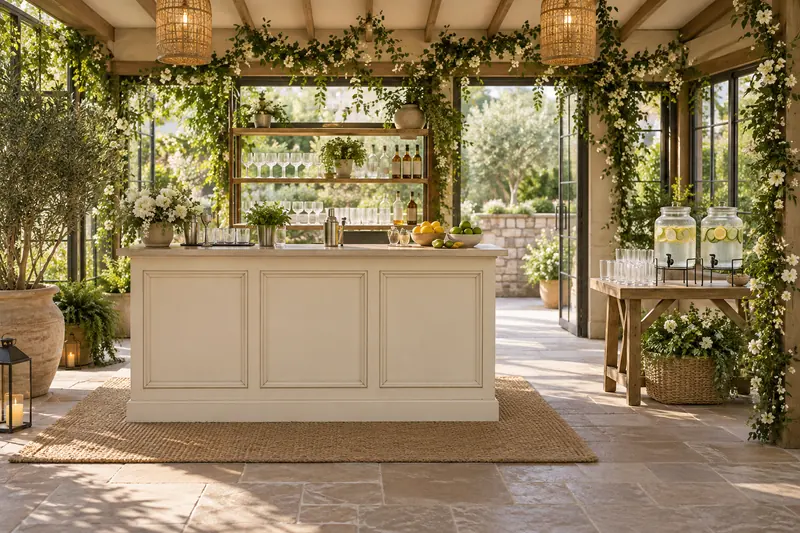 A compact wedding bar with glassware and drink-making tools, beside a separate self-service water table.