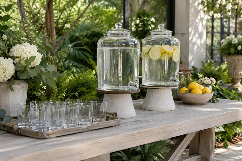Two clear water dispensers, clean tumblers and a restrained citrus bowl sit on a pale side table with open space for serving.