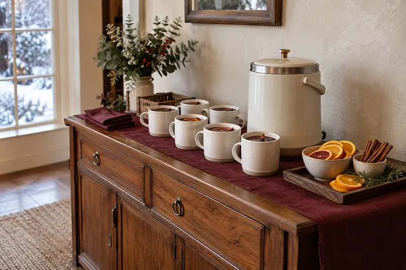Ceramic mugs, a lidded insulated serving pot and a small tray of citrus and spice make an indoor warm-drinks station.