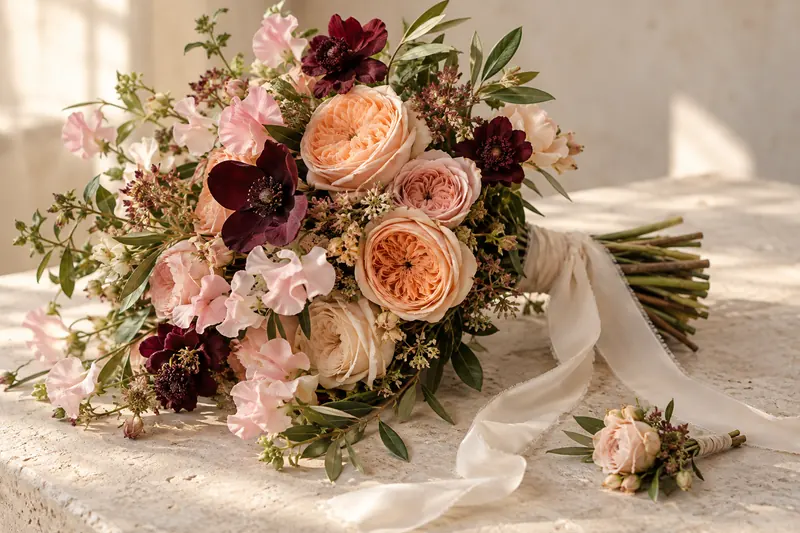Loose bridal bouquet with apricot, blush and burgundy flowers, gathered green stems and a trailing ivory ribbon.