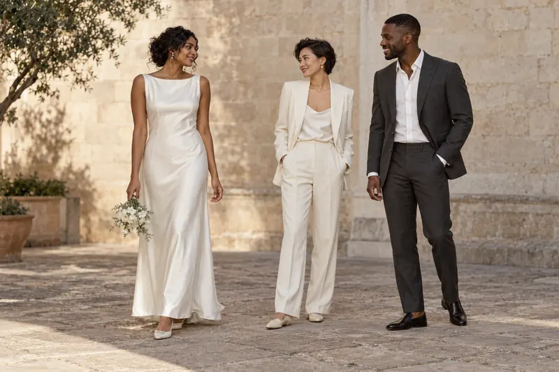 Fictional wedding fashion scene with three adults in an ivory gown, an ivory tailored suit and a charcoal suit in a sunlit stone courtyard.