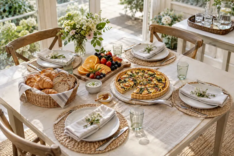 A bright brunch spread combines a savory baked dish, fruit, pastries and bread on a pale table beside a separate drinks tray.