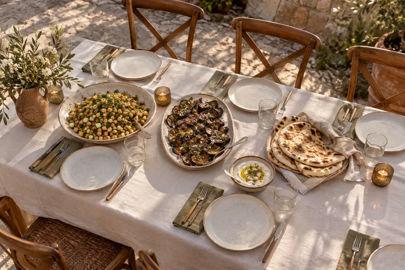 Ceramic platters of chickpea salad, roasted aubergine, flatbread and dip make a colorful shared supper on an ivory table.