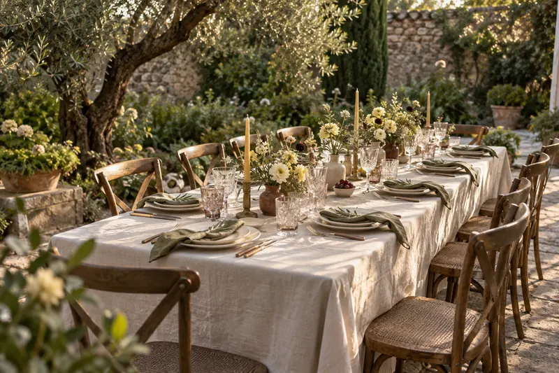 Original wedding concept: an intimate garden dinner with ivory linen, olive napkins and butter-yellow flowers