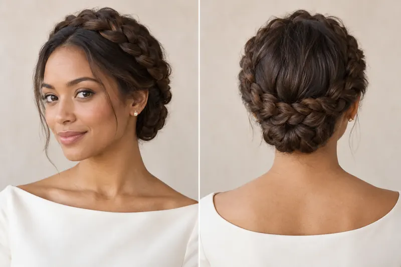 A broad braided crown gathered low at the nape, shown from the front and back above an open neckline.