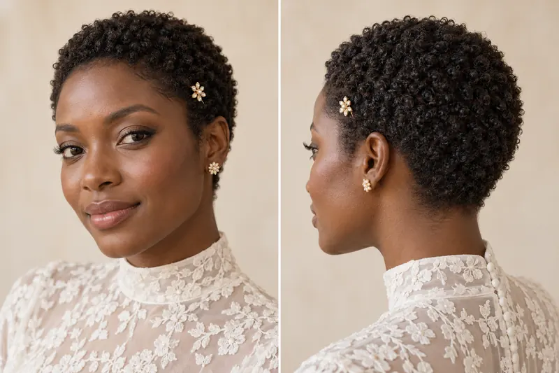 Short coily hair with a rounded crown, tapered nape and small side ornament, shown from the front and side-back.