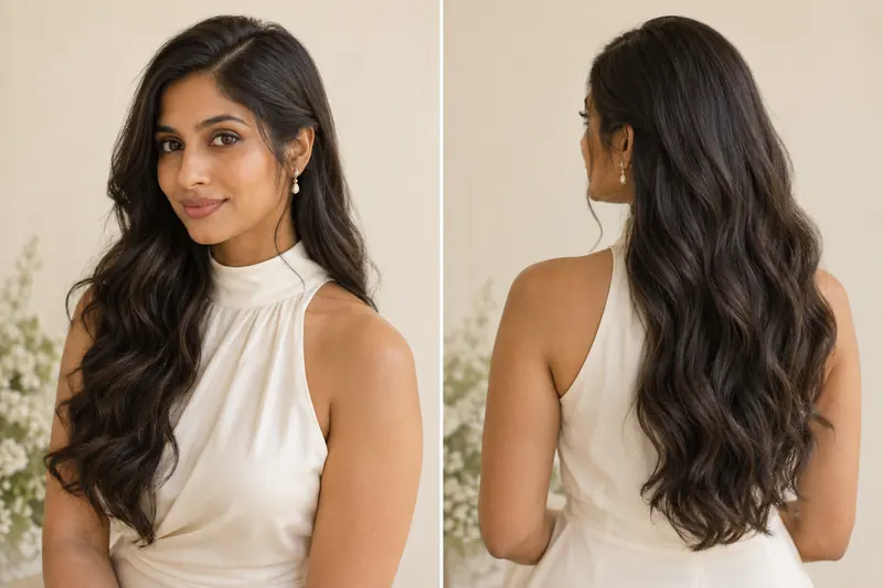 Original long-hair concept with softly waved hair worn down, shown from front and back.