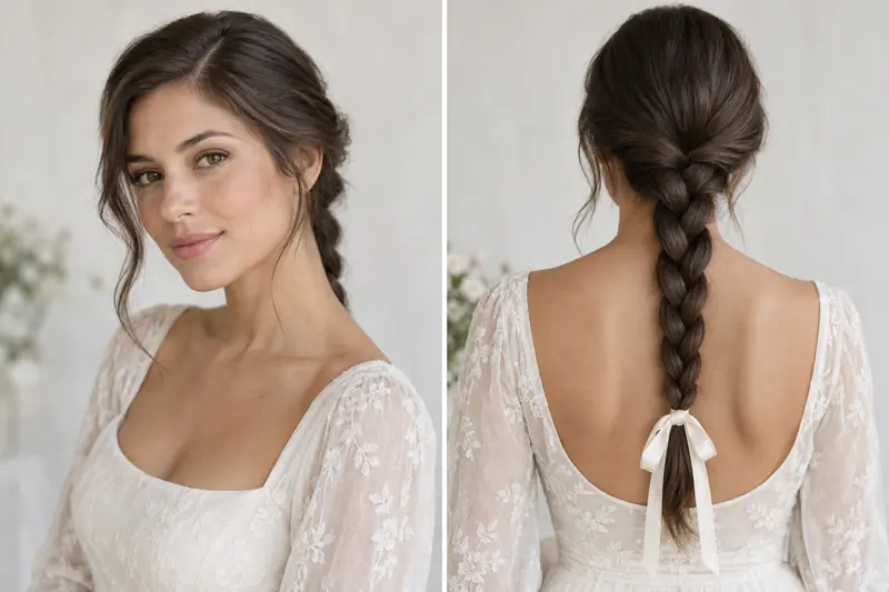 A low three-strand braid with an ivory ribbon, shown beside its softly parted front view.
