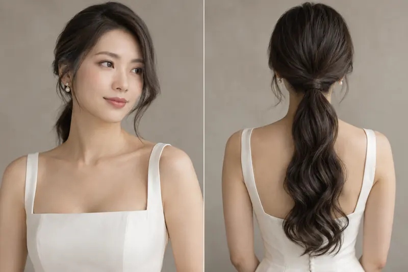 A low ponytail with long loose waves and a hair-wrapped fastening, shown from the front and back.