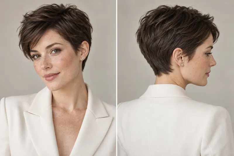 A short brown pixie cut with a swept fringe and tapered nape, shown with an ivory jacket from two angles.