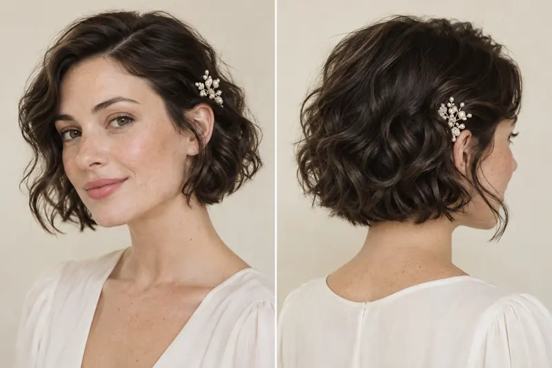 Original short-hair concept shown from front and back, with shaped waves and a small pearl-like side comb.
