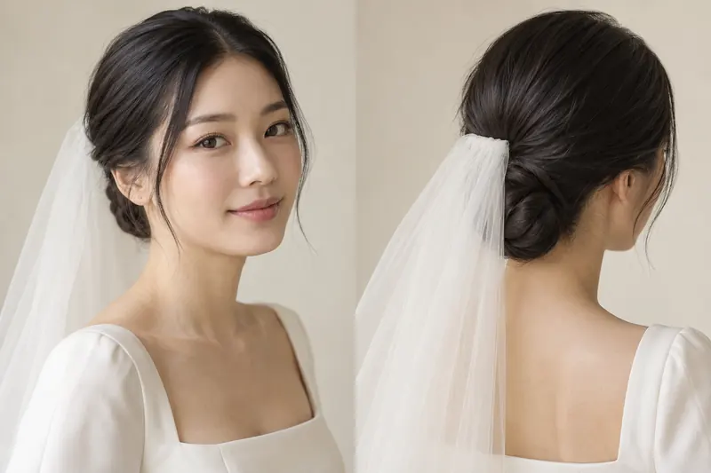 Original smooth low-bun concept shown from front and back with a sheer veil attached just above the bun.