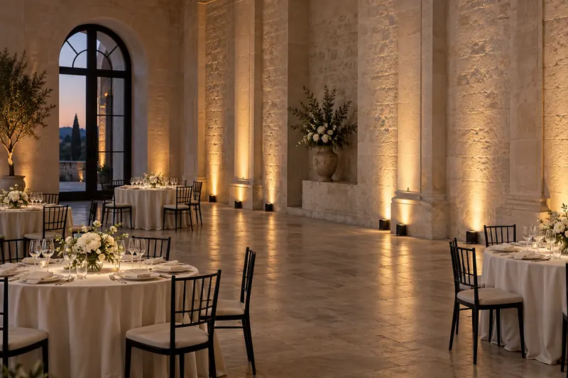 Small floor uplights wash the textured stone walls of a dining room with warm light, with no fabric covering the architecture.