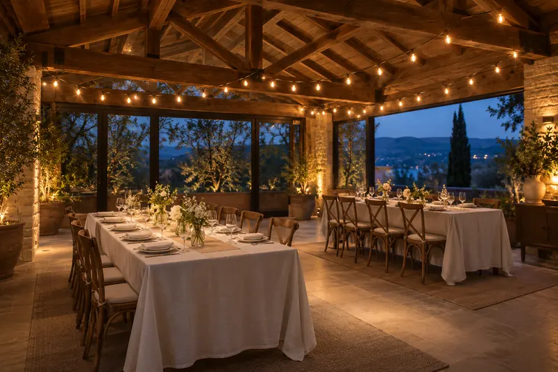 Original evening reception concept with warm overhead festoon lights above dining tables and clear walkways.