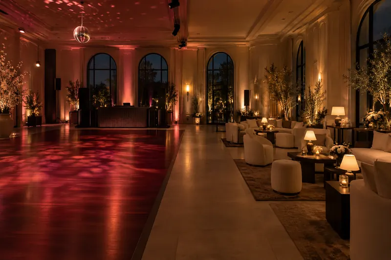 Rose-colored light defines a dance floor beside an ivory lounge kept in warm light from shaded table lamps.