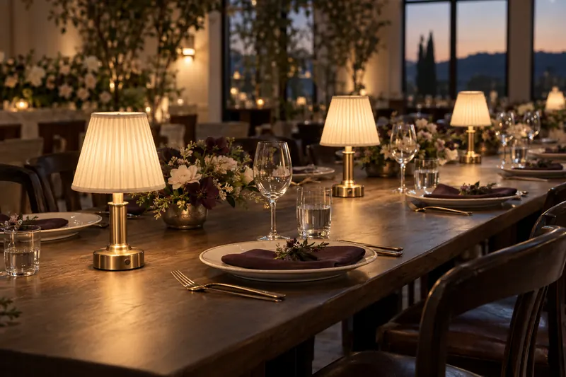 Small brass lamps with pleated cream shades light a long wooden dining table with plum napkins and low flowers.